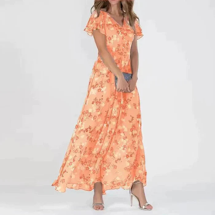 Abito lungo romantico con effetto chiffon floreale e scollo a V – Abito estivo arioso per matrimoni, feste in giardino e uso quotidiano