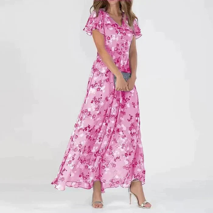 Abito lungo romantico con effetto chiffon floreale e scollo a V – Abito estivo arioso per matrimoni, feste in giardino e uso quotidiano