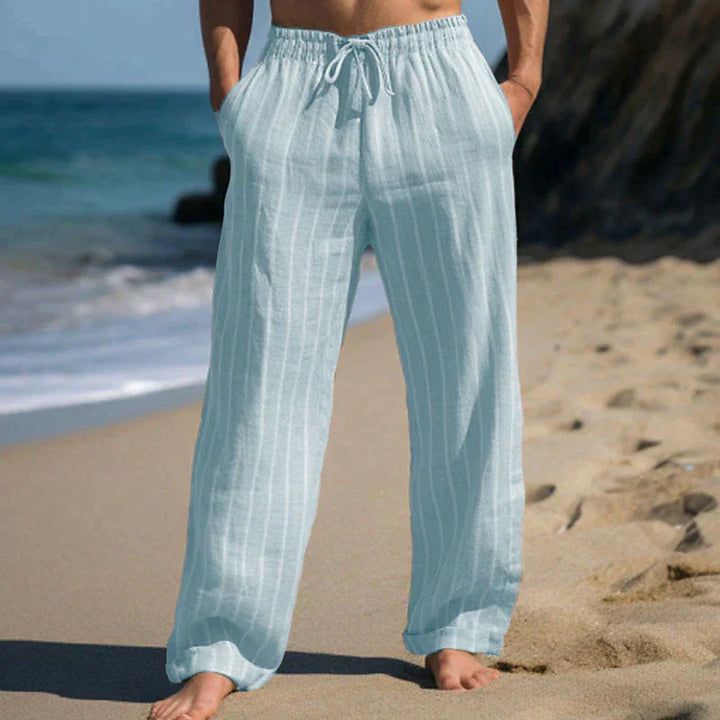 Herren Leinenhose mit Kordelzug – Luftige Freizeithose mit weitem Bein & Streifen für Strand, Sommer & Urlaub