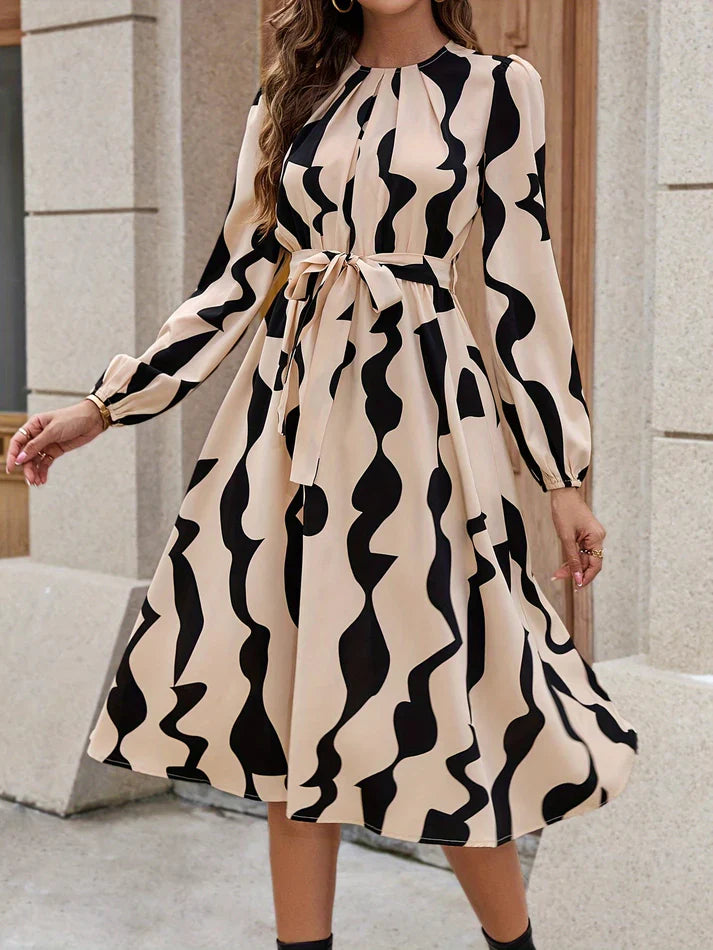Lässig motif complet col rond manches longues taille nouée robe forme A-line formelle pour femmes | pour occasions formelles