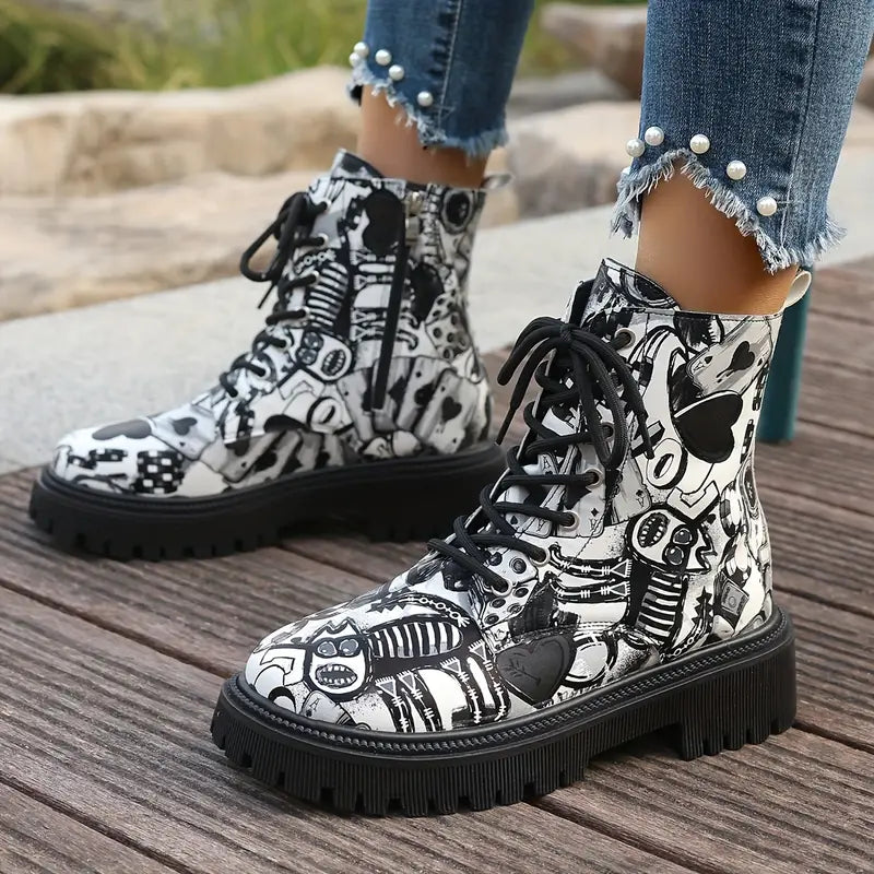 Bottines amusantes et festives avec imprimé cartoon, talon bas et fermeture éclair