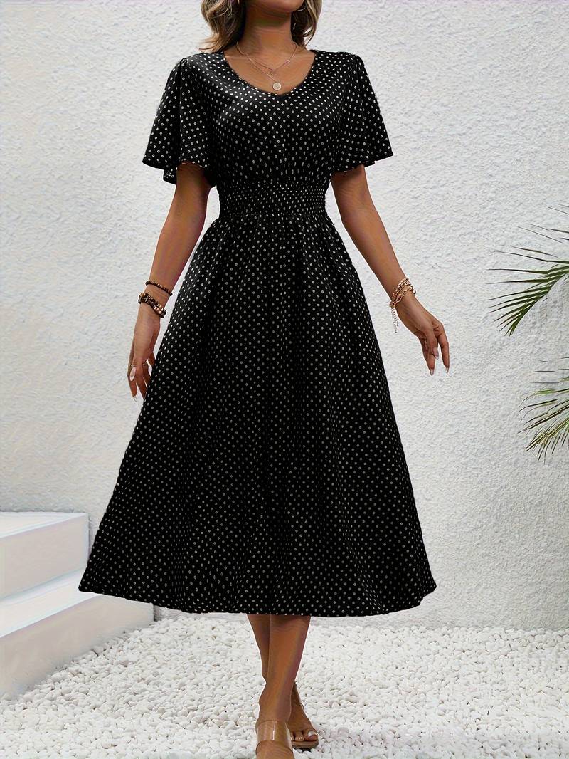 Abito midi da donna con pois e coulisse – Abito estivo arioso con scollo a V e maniche corte