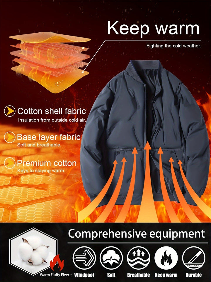 Veste d'hiver chaude à col baseball avec fermeture éclair, polaire unie avec poches pour hommes | Parfait pour les activités de plein air