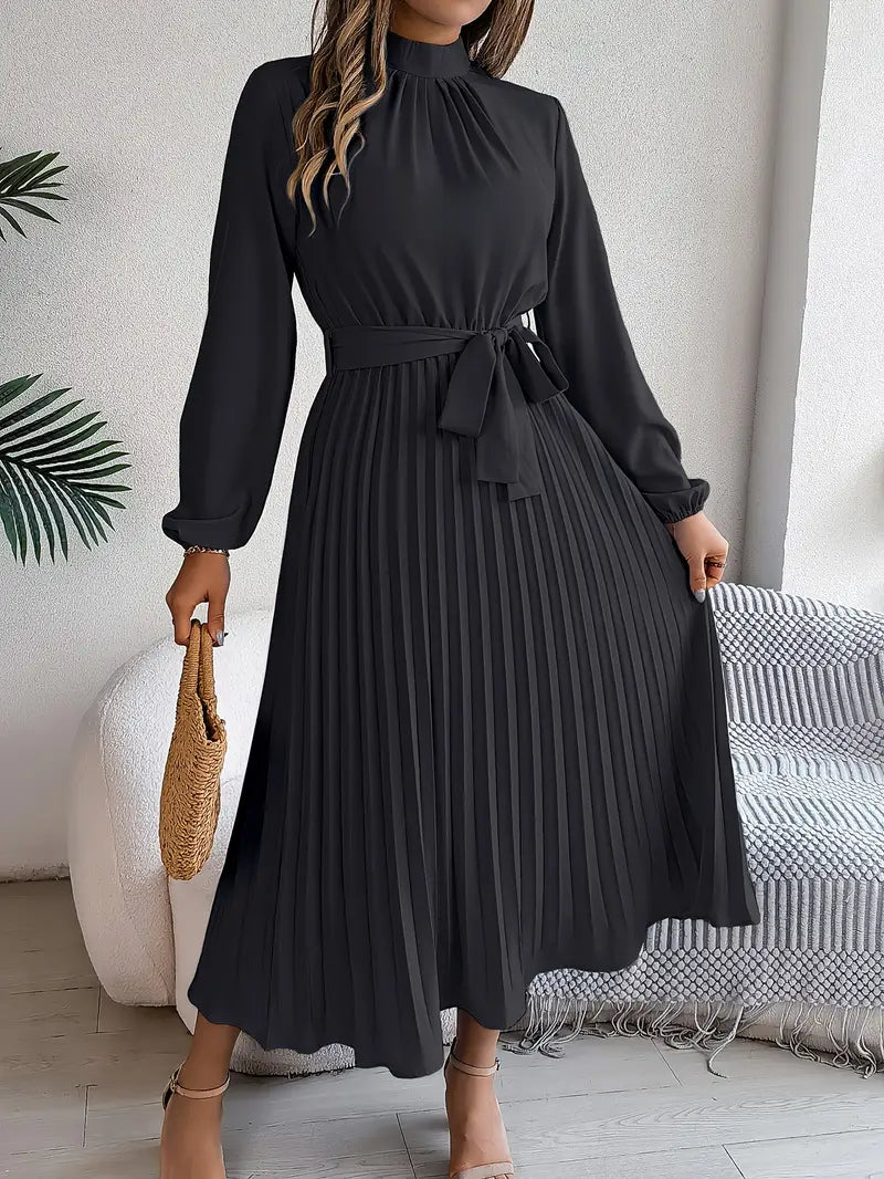 Elegante abito midi plissettato con cintura – abito a maniche lunghe da donna per ufficio e occasioni speciali
