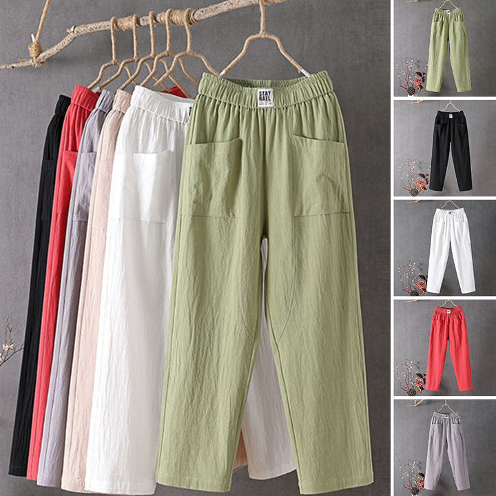 Pantalon en lin pour femmes avec ceinture élastique – Pantalon ample décontracté avec poches style bohème