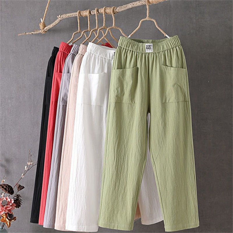 Pantalon en lin pour femmes avec ceinture élastique – Pantalon ample décontracté avec poches style bohème
