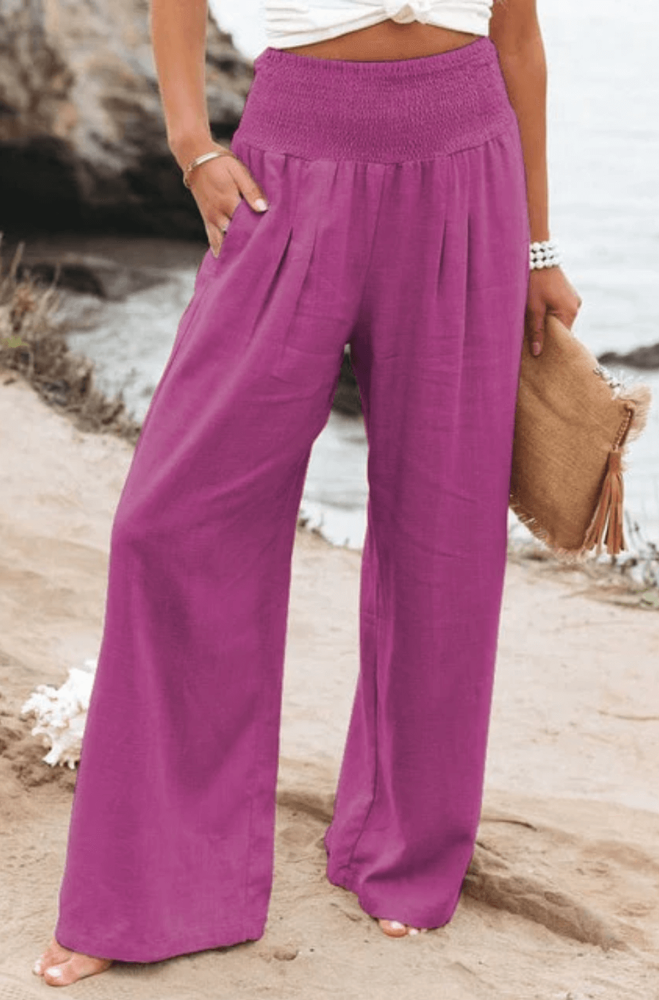 Pantaloni estivi larghi da donna con coulisse arricciata – Pantaloni da spiaggia ariosi con vita alta e taglio palazzo