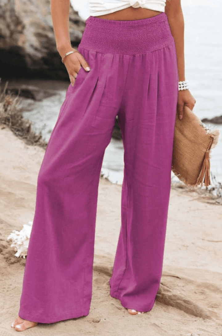 Pantaloni estivi larghi da donna con coulisse arricciata – Pantaloni da spiaggia ariosi con vita alta e taglio palazzo