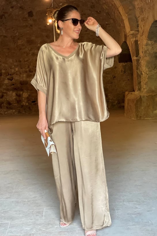 Set da donna in due pezzi con effetto satinato – Elegante camicetta e pantaloni larghi per eventi, vacanze e uso quotidiano