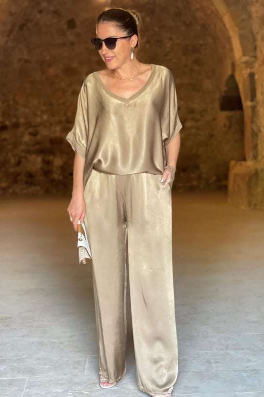 Set da donna in due pezzi con effetto satinato – Elegante camicetta e pantaloni larghi per eventi, vacanze e uso quotidiano