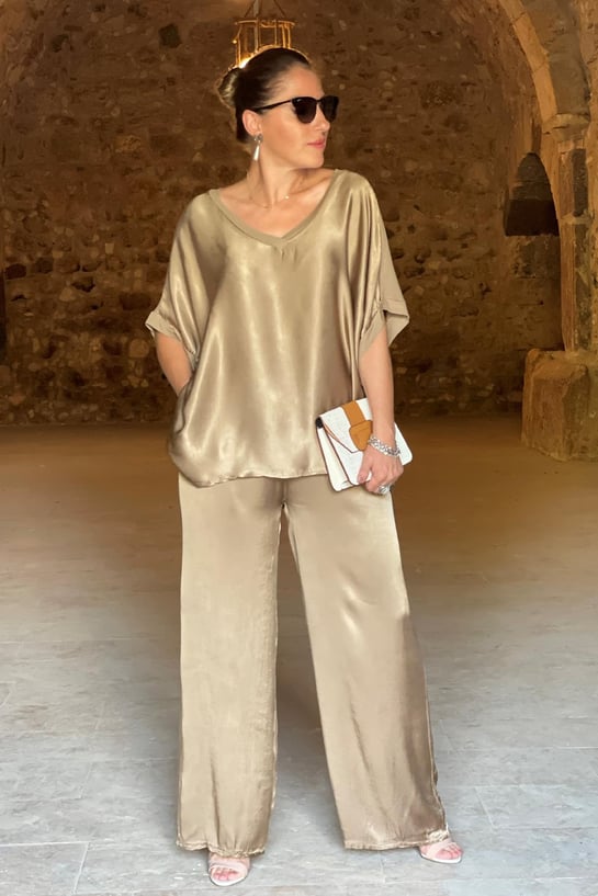 Set da donna in due pezzi con effetto satinato – Elegante camicetta e pantaloni larghi per eventi, vacanze e uso quotidiano