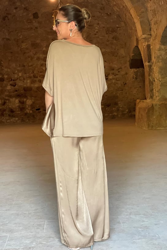Set da donna in due pezzi con effetto satinato – Elegante camicetta e pantaloni larghi per eventi, vacanze e uso quotidiano