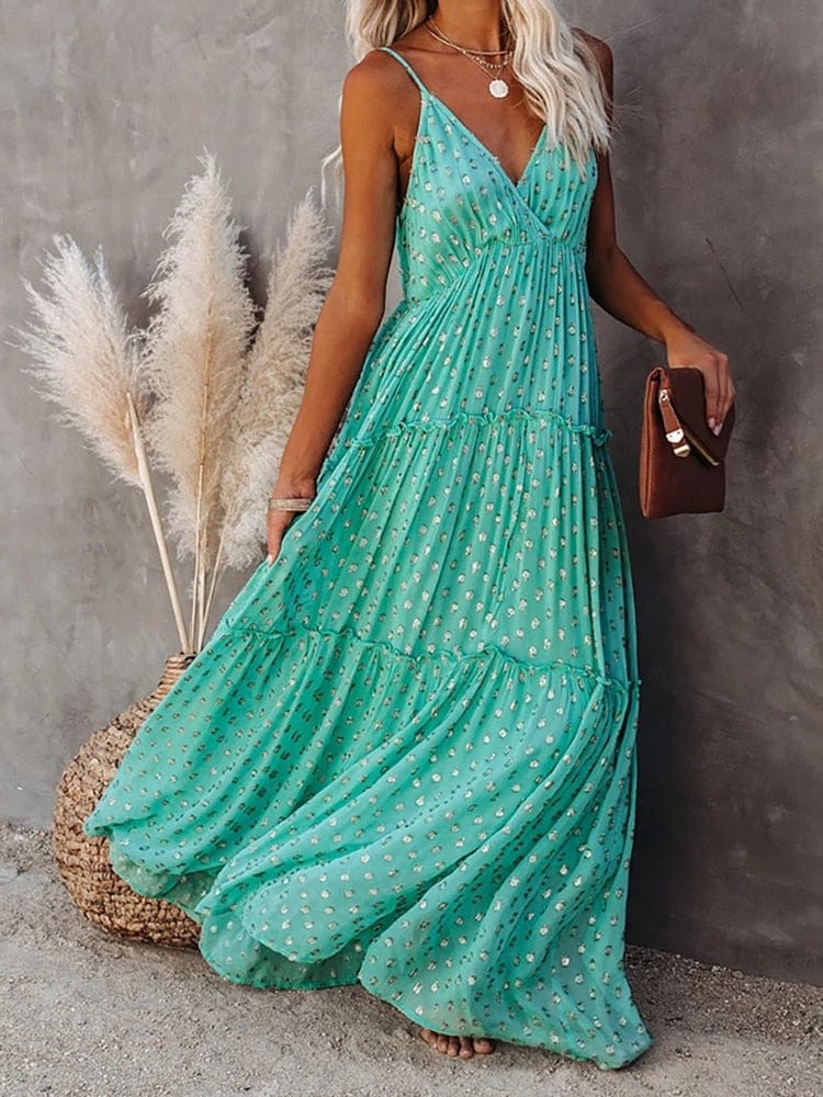 Boho Maxikleid Damen mit Spaghettiträgern – Luftiges Sommerkleid mit V-Ausschnitt & Blumenmuster für Strand & Urlaub