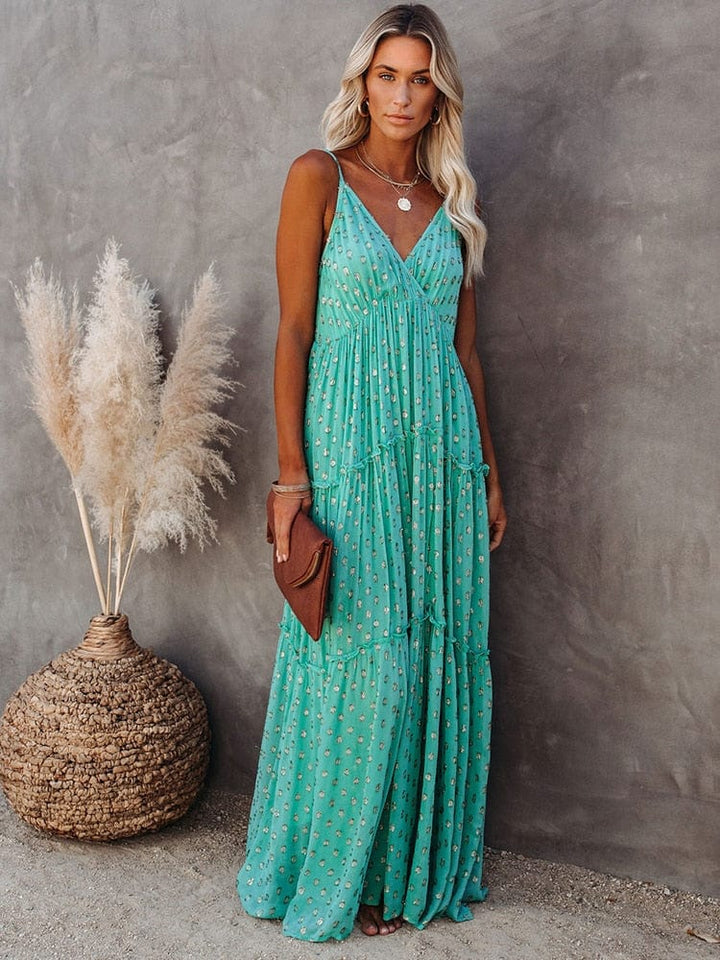 Boho Maxikleid Damen mit Spaghettiträgern – Luftiges Sommerkleid mit V-Ausschnitt & Blumenmuster für Strand & Urlaub