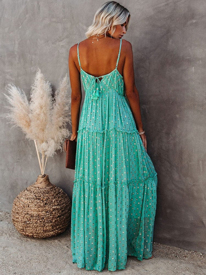 Boho Maxikleid Damen mit Spaghettiträgern – Luftiges Sommerkleid mit V-Ausschnitt & Blumenmuster für Strand & Urlaub