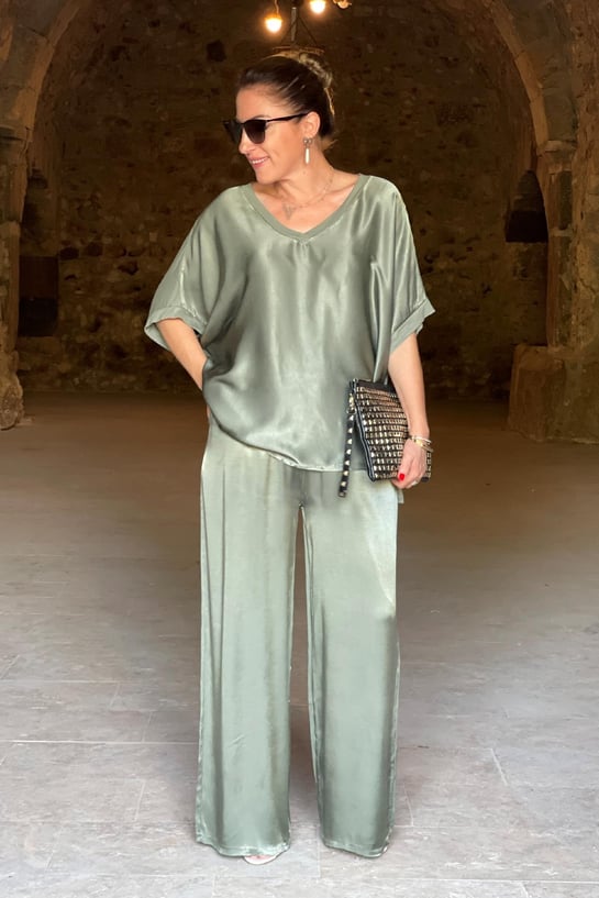 Set da donna in due pezzi con effetto satinato – Elegante camicetta e pantaloni larghi per eventi, vacanze e uso quotidiano