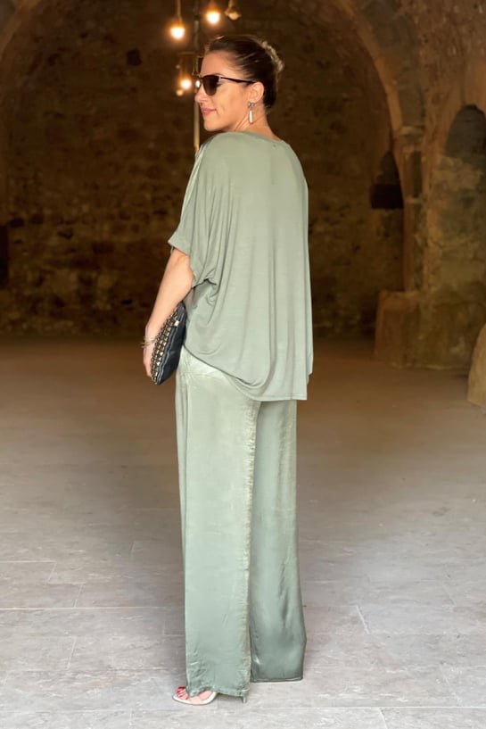 Set da donna in due pezzi con effetto satinato – Elegante camicetta e pantaloni larghi per eventi, vacanze e uso quotidiano