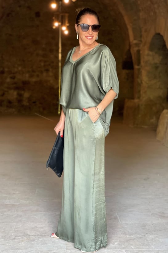 Set da donna in due pezzi con effetto satinato – Elegante camicetta e pantaloni larghi per eventi, vacanze e uso quotidiano