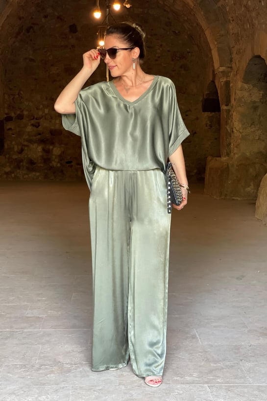 Set da donna in due pezzi con effetto satinato – Elegante camicetta e pantaloni larghi per eventi, vacanze e uso quotidiano