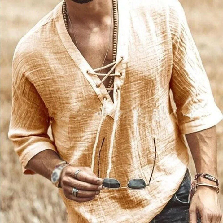 Herren Freizeithemd mit Schnürung – Luftiges Strandshirt im Boho-Stil mit 3/4 Ärmeln für Sommer & Urlaub
