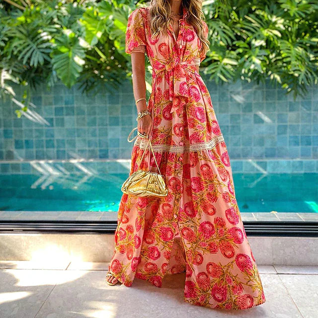 Abito lungo boho con motivo floreale – abito estivo arioso per vacanze e spiaggia