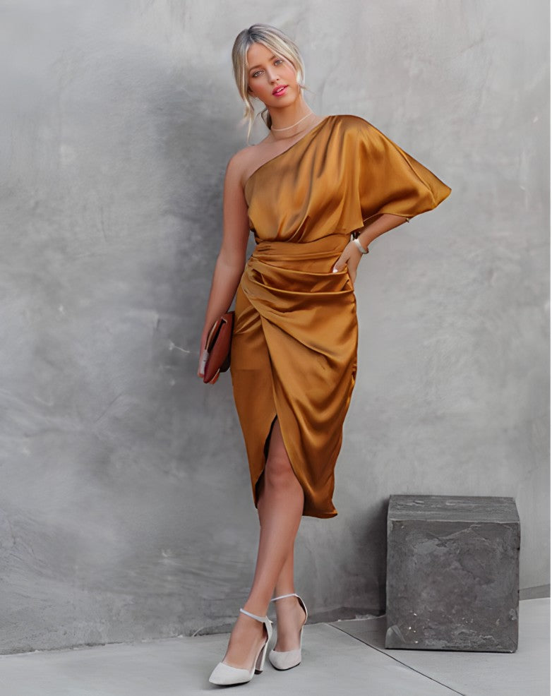 Abito midi in raso da donna – Abito da cocktail monospalla con drappeggio e spacco – Elegante per sera ed eventi