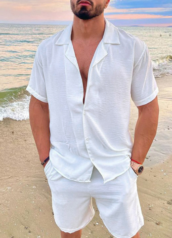 Ensemble d'été de plage 2 pièces pour hommes – chemise à manches courtes et short en mélange de lin
