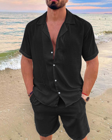 Ensemble d'été de plage 2 pièces pour hommes – chemise à manches courtes et short en mélange de lin