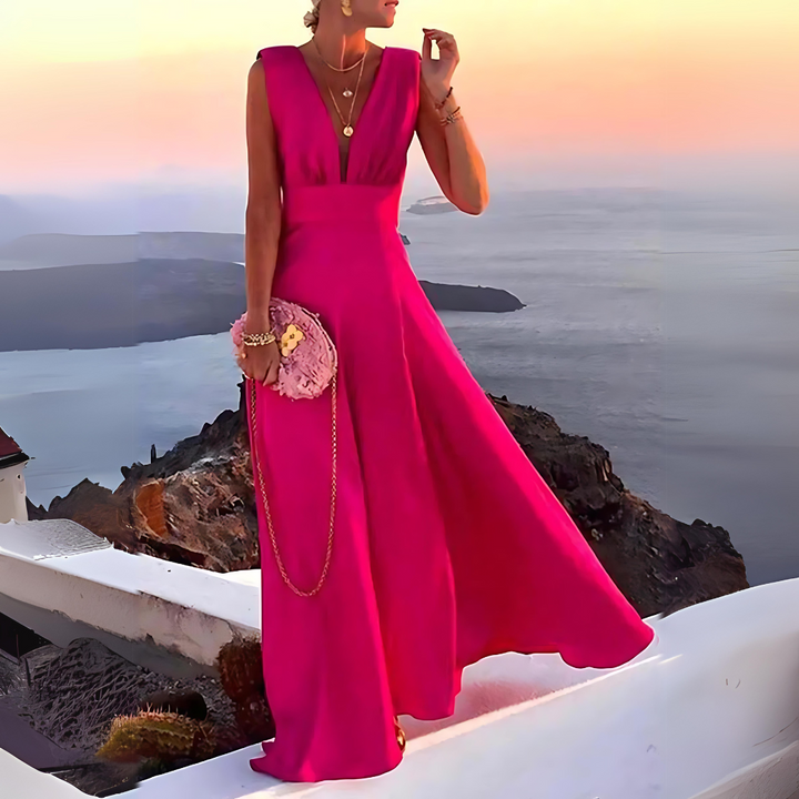 Elegantes Maxikleid mit tiefem V-Ausschnitt – Luftiges Sommerkleid für Damen, ideal für Urlaub & Abendveranstaltungen