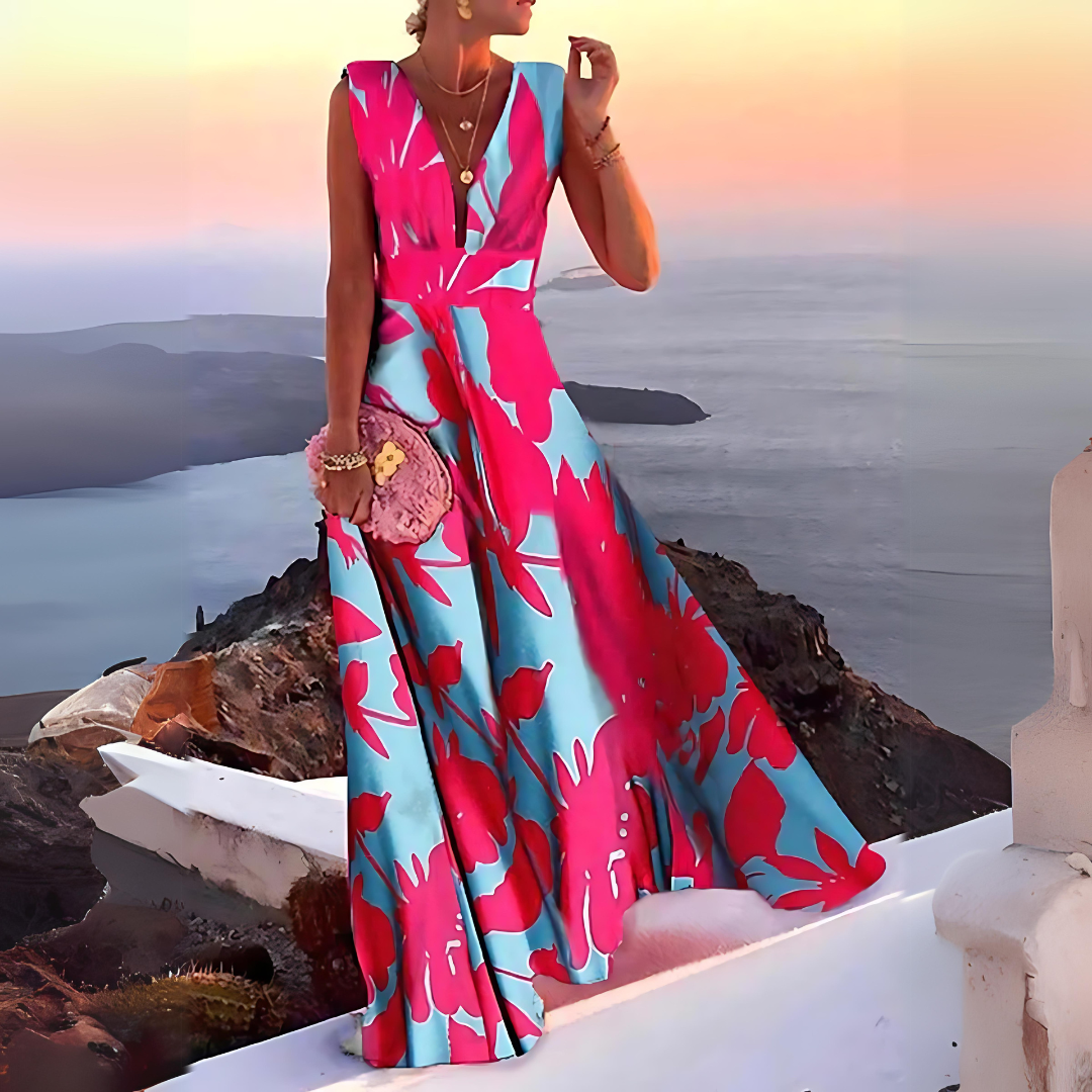 Elegantes Maxikleid mit tiefem V-Ausschnitt – Luftiges Sommerkleid für Damen, ideal für Urlaub & Abendveranstaltungen