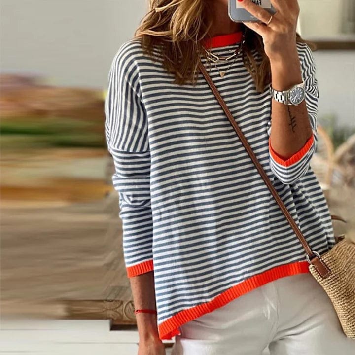 Inès Lavigne® - Pull rayé bleu avec bord orange