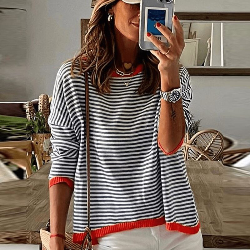 Inès Lavigne® - Pull rayé bleu avec bord orange