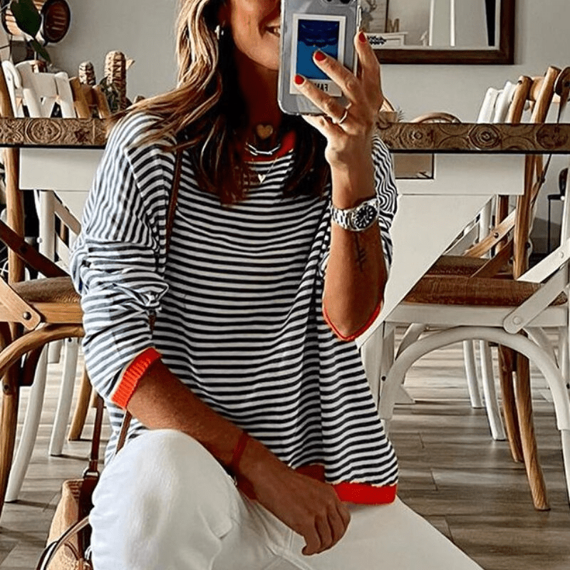 Inès Lavigne® - Pull rayé bleu avec bord orange