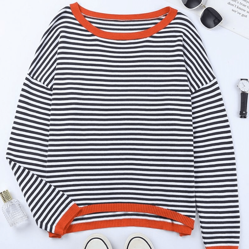 Inès Lavigne® - Pull rayé bleu avec bord orange