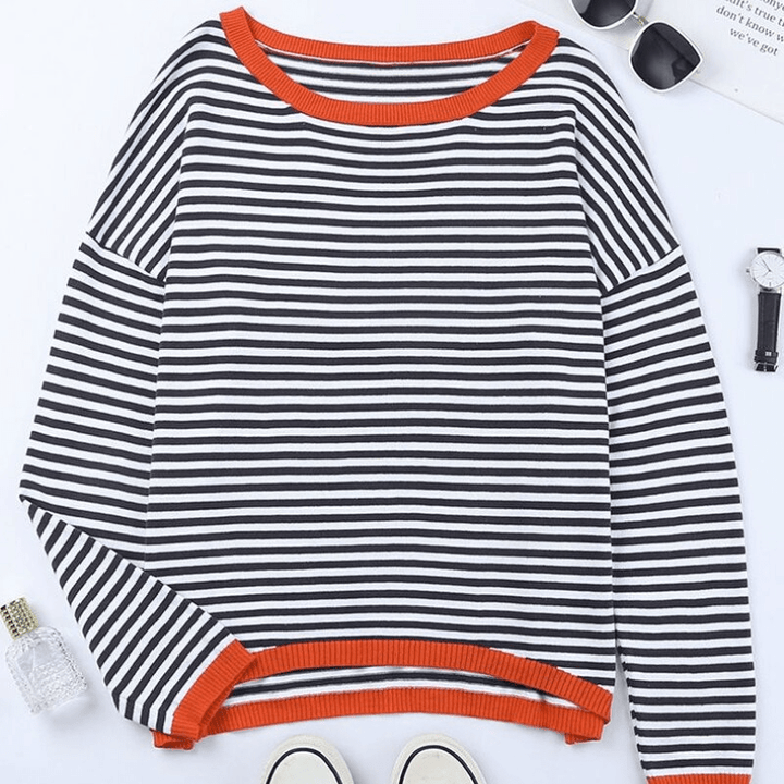 Inès Lavigne® - Pull rayé bleu avec bord orange
