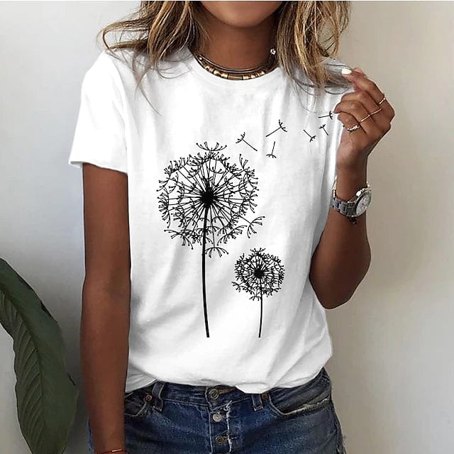 T-shirt da donna con stampa di soffioni – maglietta a maniche corte dal taglio ampio per tempo libero, estate e vita quotidiana