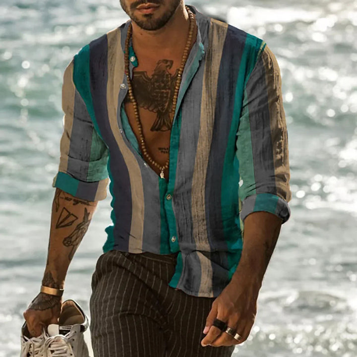 Herren Freizeithemd mit bunten Streifen – Leichtes Langarmshirt im Boho Beach Look für Sommer & Urlaub