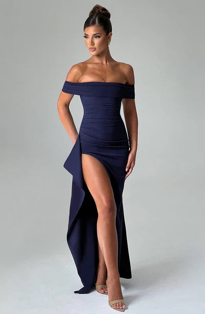 Elegante abito da sera con spalle scoperte, spacco e design aderente – Perfetto per gala, matrimonio e eventi formali