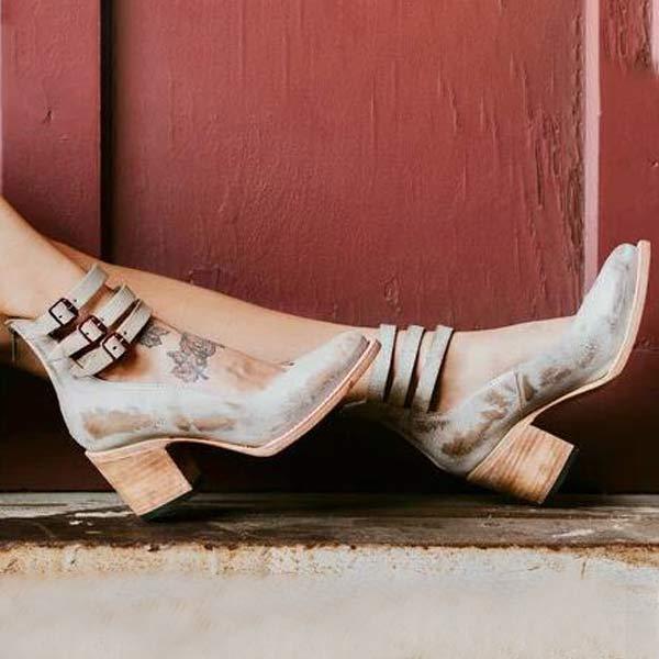 Bottines vintage à talon bloc avec double sangle – look cuir bohème pour femmes