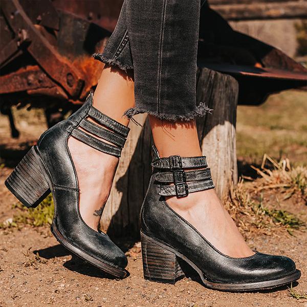 Bottines vintage à talon bloc avec double sangle – look cuir bohème pour femmes
