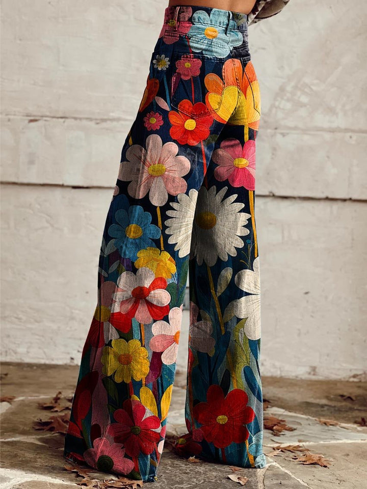 Jean évasé taille haute avec motif floral – Pantalon large rétro pour femmes style festival
