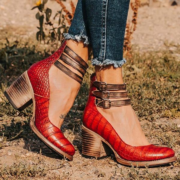 Bottines vintage à talon bloc avec double sangle – look cuir bohème pour femmes