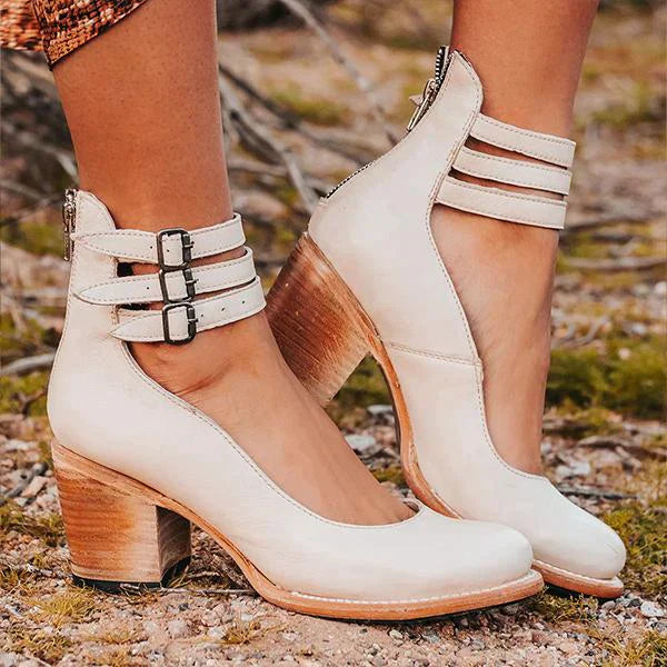 Bottines vintage à talon bloc avec double sangle – look cuir bohème pour femmes
