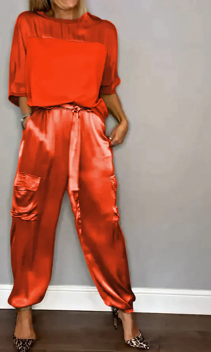 Zweiteiler Set für Damen aus Satin mit Cargo-Hose & lockerem Oberteil – Luxuriöses Lounge Outfit für Alltag & Events