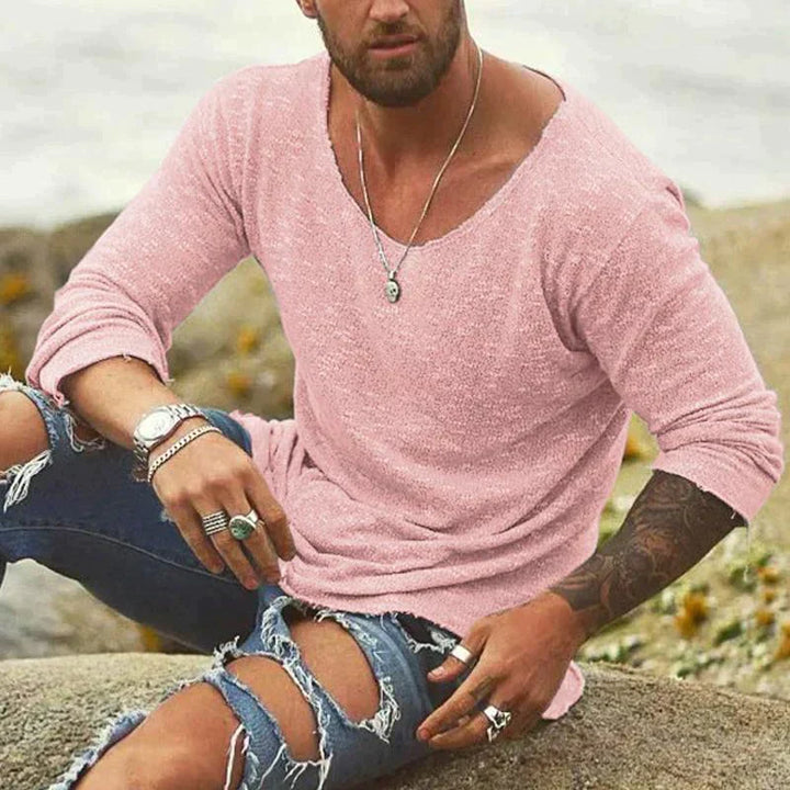T-shirt à manches longues pour hommes en look tricoté – Haut décontracté avec col rond pour l'été, la plage et le style streetwear