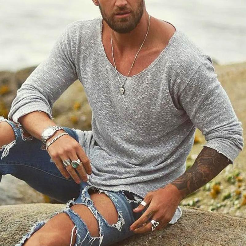 T-shirt à manches longues pour hommes en look tricoté – Haut décontracté avec col rond pour l'été, la plage et le style streetwear