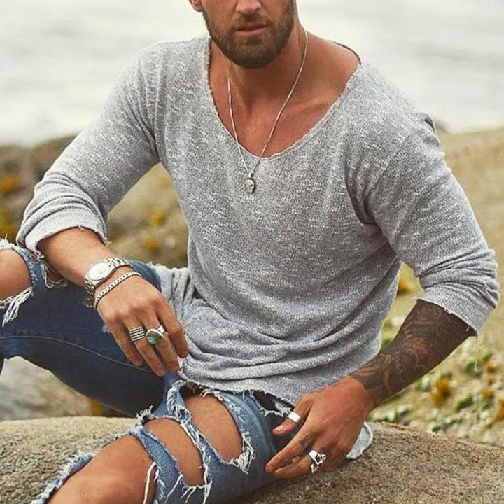 T-shirt à manches longues pour hommes en look tricoté – Haut décontracté avec col rond pour l'été, la plage et le style streetwear