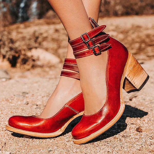 Bottines vintage à talon bloc avec double sangle – look cuir bohème pour femmes