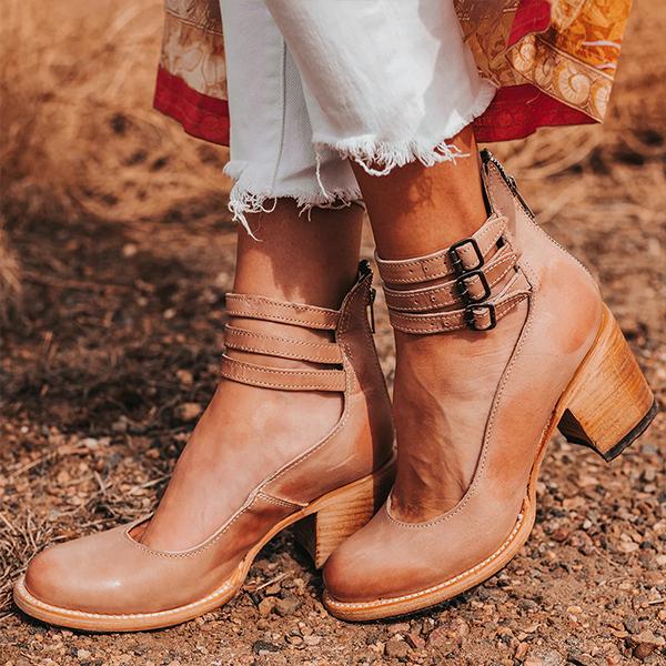 Bottines vintage à talon bloc avec double sangle – look cuir bohème pour femmes