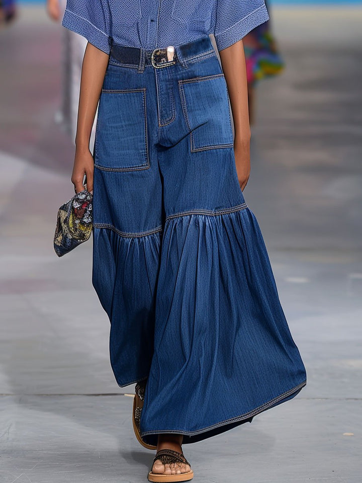 Xaveria - Casual Loose Retro Plissee Jeansrock-Hose